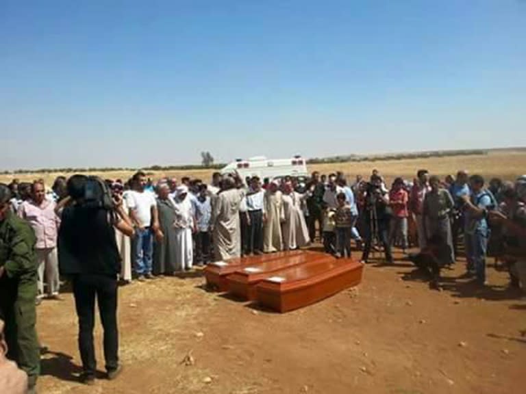 Aylan Kurdi, a three-year-old Syrian boy who drowned off Turkey as a boat bound for Greece sank, was buried in Kobane, on September 4, 2015 alongside his mother and brother