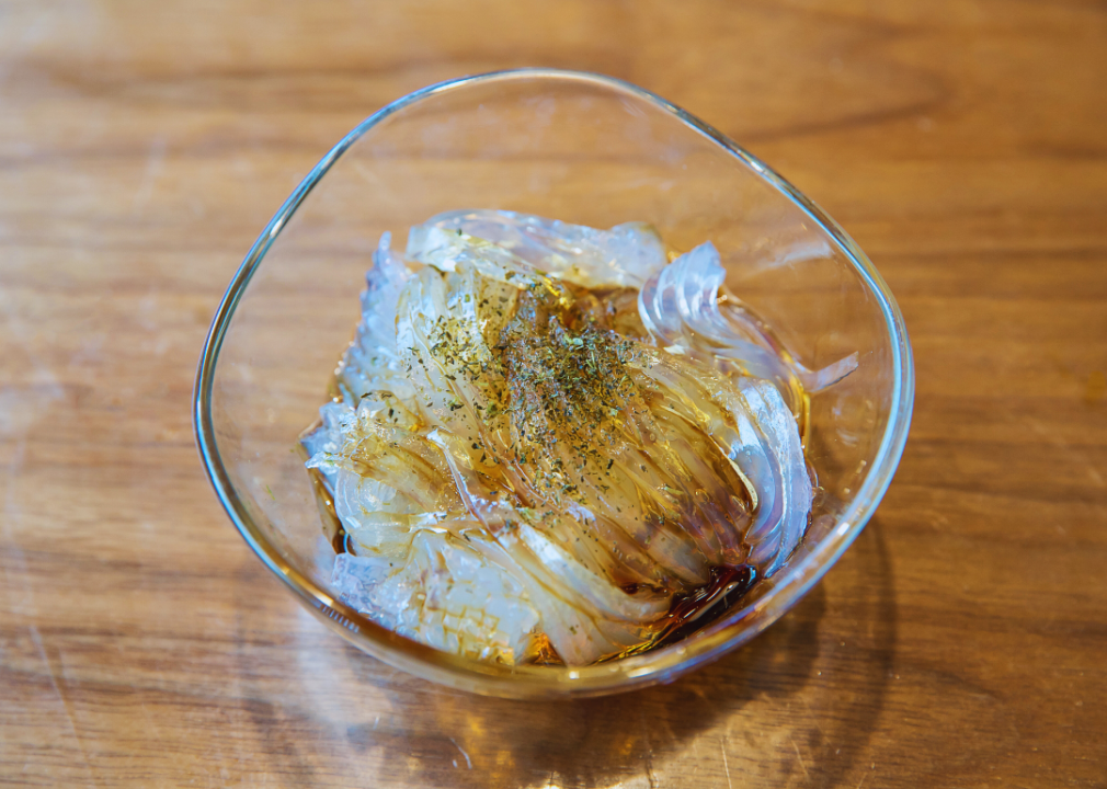 A small glass bowl containing konjac jelly.