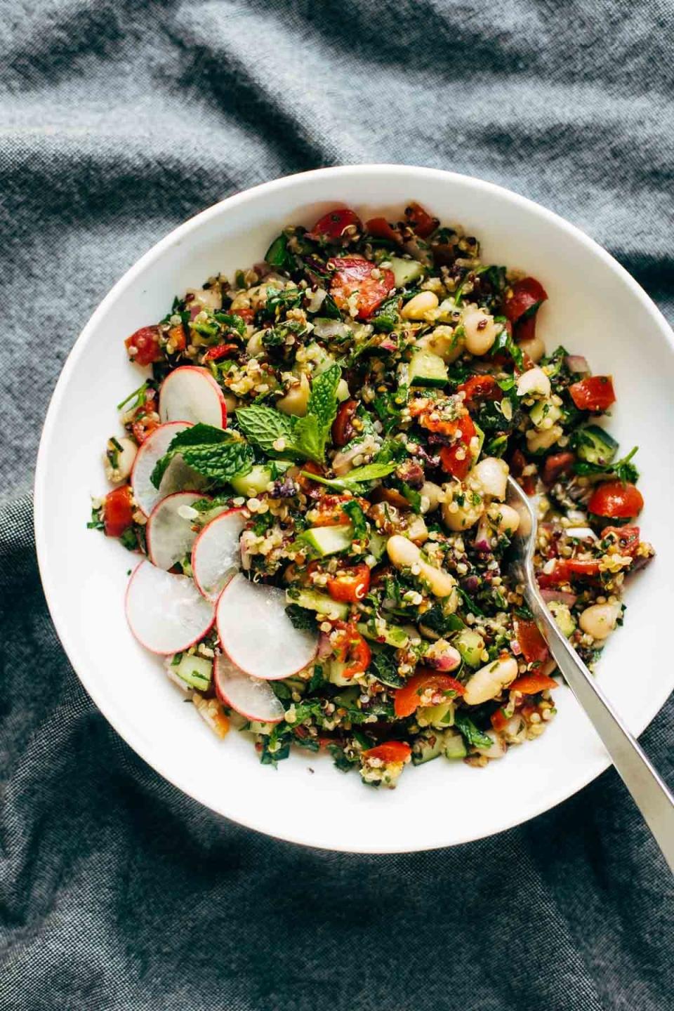 Packed with succulent white beans and tangy flavors from a lime spritz and strong kalamata olives, this salad is full of freshness.Recipe: Chopped Greek Quinoa Salad