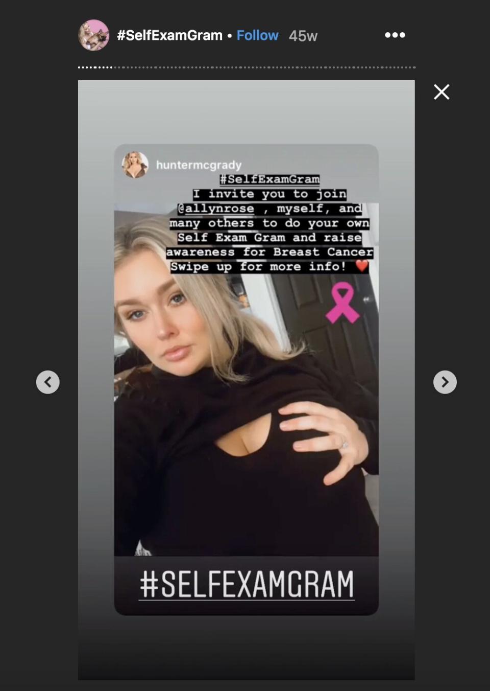 Allyn Rose's screenshot of Hunter McGrady sharing a #SelfExamGram on Instagram