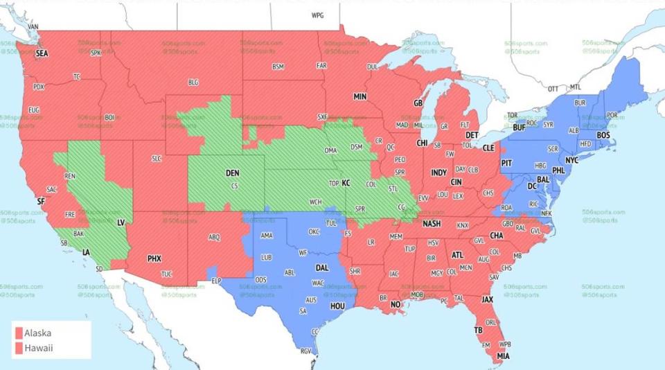 The Chiefs-Chargers game will be seen in the areas in green. The Packers-Bears game is in red and Eagles-Giants is in blue. Courtesy of 506Sports.com