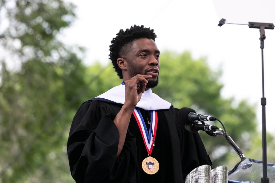 Actor and alumnus Chadwick Boseman delivers the keynote address at Howard University's commencement ceremony for the 2018 graduating class (NurPhoto via Getty Images)