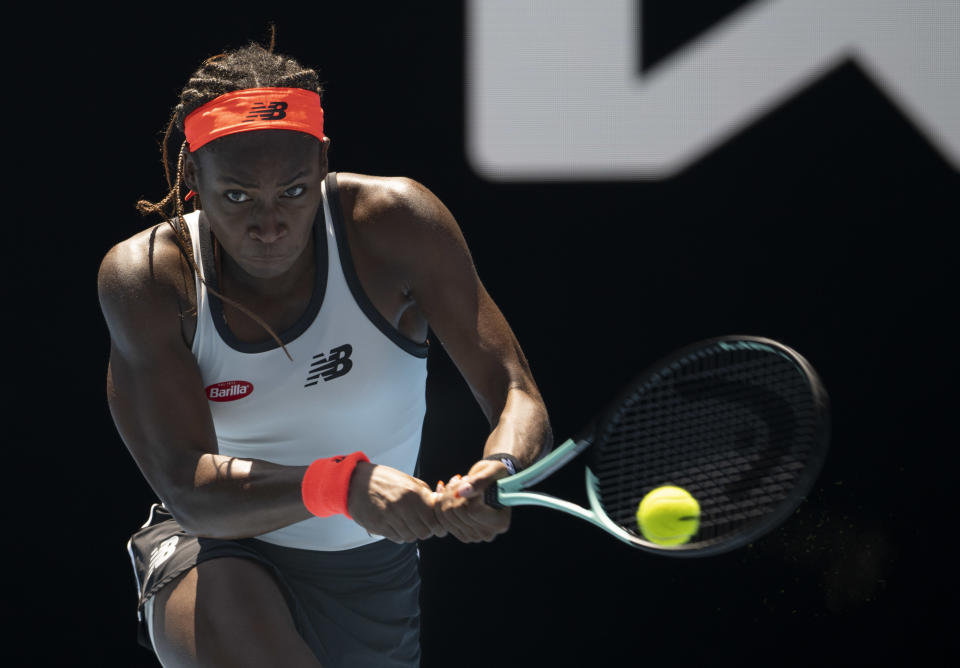 Seen here, Coco Gauff plays a backhand during the fourth round singles match against Jelena Ostapenko at the Australian Open. 