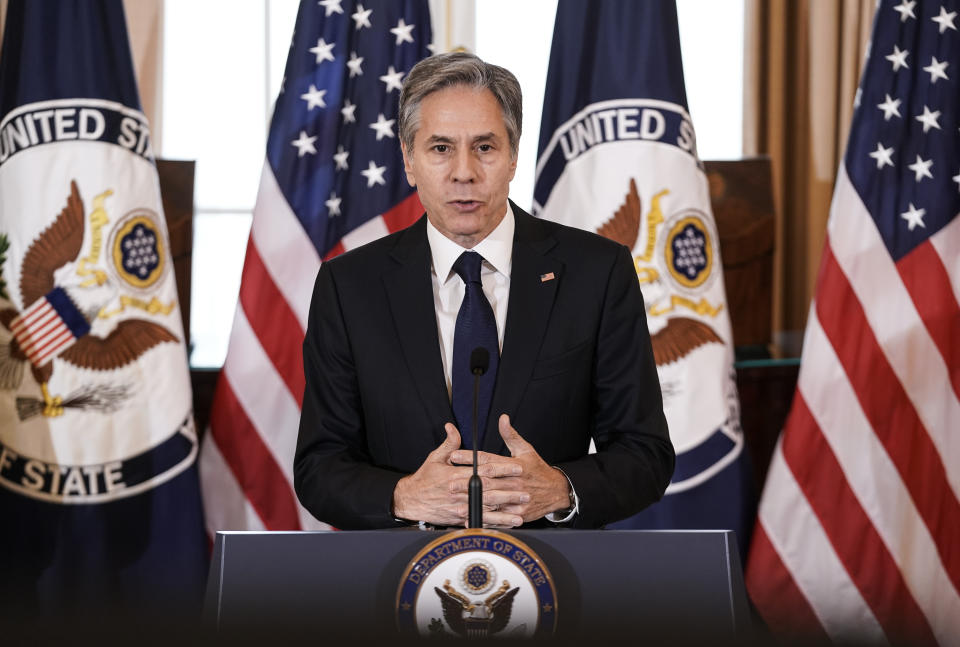 Secretary of State Antony Blinken speaks about the release of the State Department’s annual “Trafficking in Persons” report Wednesday, July 1, 2021, in Washington. The Biden administration on Thursday designated 17 countries as not doing enough to combat human trafficking and warned them of potential U.S. sanctions. (Ken Cedeno/Pool via AP)