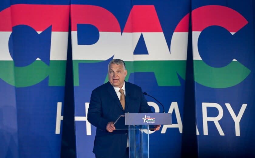 Hungarian Prime Minister Viktor Orban addresses a keynote speech during a session of the CPAC