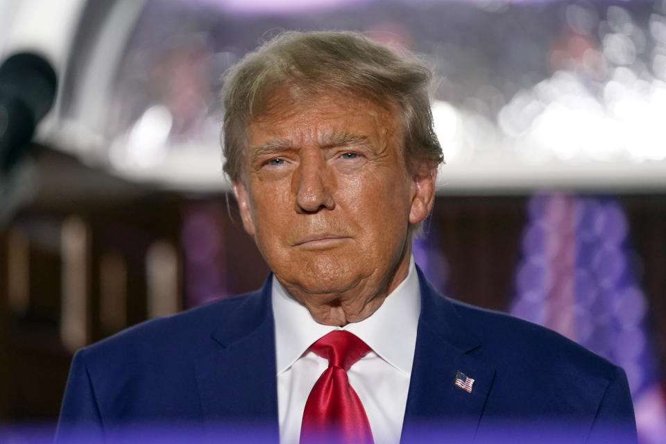 FILE - Former President Donald Trump speaks at Trump National Golf Club in Bedminster, N.J., June 13, 2023. (AP Photo/Andrew Harnik, File)