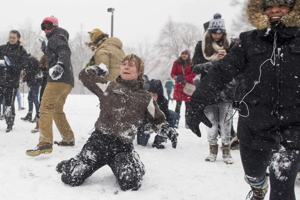 <p>A group of people has a snowball fight on the Boston Common as a winter storm strengthens on Feb. 9, 2017, in Boston. (Photo: Scott Eisen/Getty Images) </p>