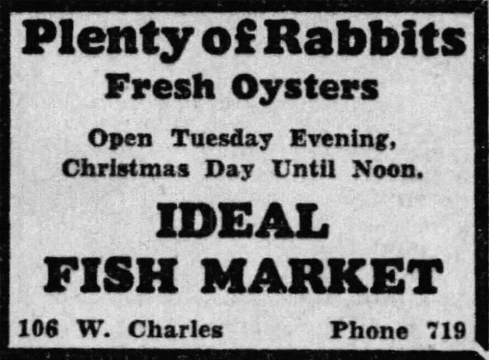Ideal Fish Market’s Christmas Eve ad, 1929, from the Muncie Morning Star, Dec/ 24, 1929.