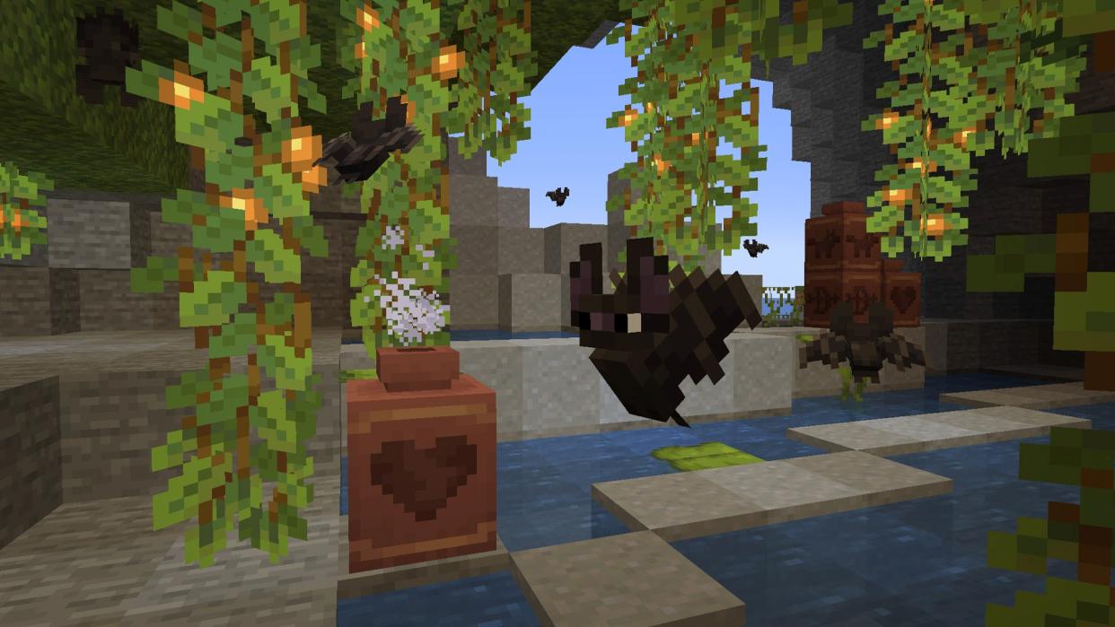  Image of Minecraft 1.20.3 / 1.20.50 with bats and functional pots. 