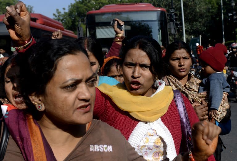 Indian activists shout slogans during a protest on December 18, 2012, following the gang-rape of a student in New Delhi. New Delhi's police chief has demanded the death penalty for rapists amid growing outrage over the gang-rape of a 23-year-old student on a school bus in the city