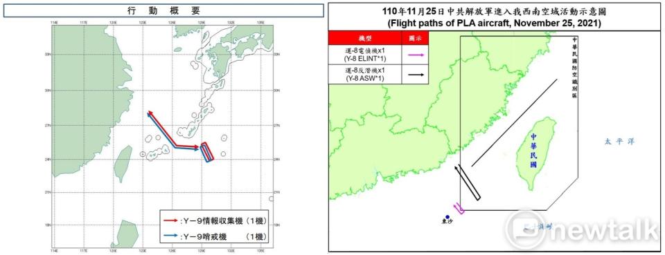 解放軍機出海分擾台、日，左為擾日穿越宮古海峽，右為侵擾台灣西南防空識別區。   圖：日防省統合幕僚監部、國防部官網/新頭殼合成