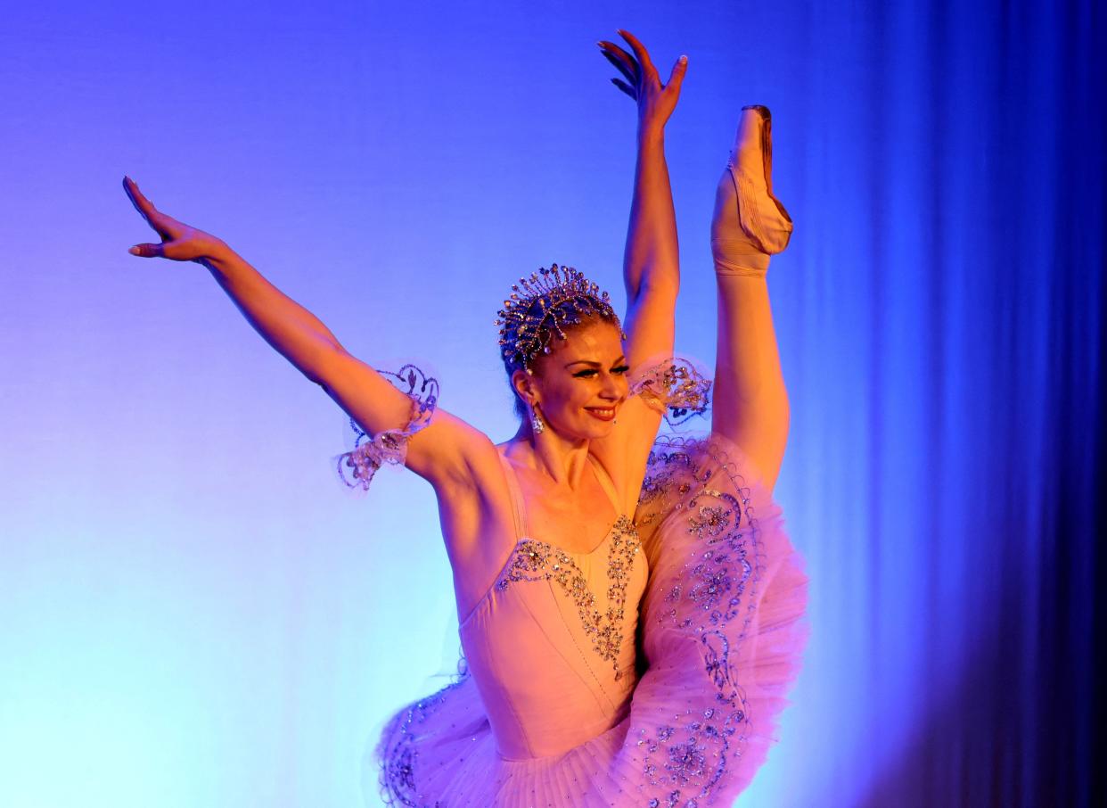 A ballerina from Kyiv City ballet performs on stage during the dress rehearsal for the opening night gala performance at York Theatre Royal in York (REUTERS)