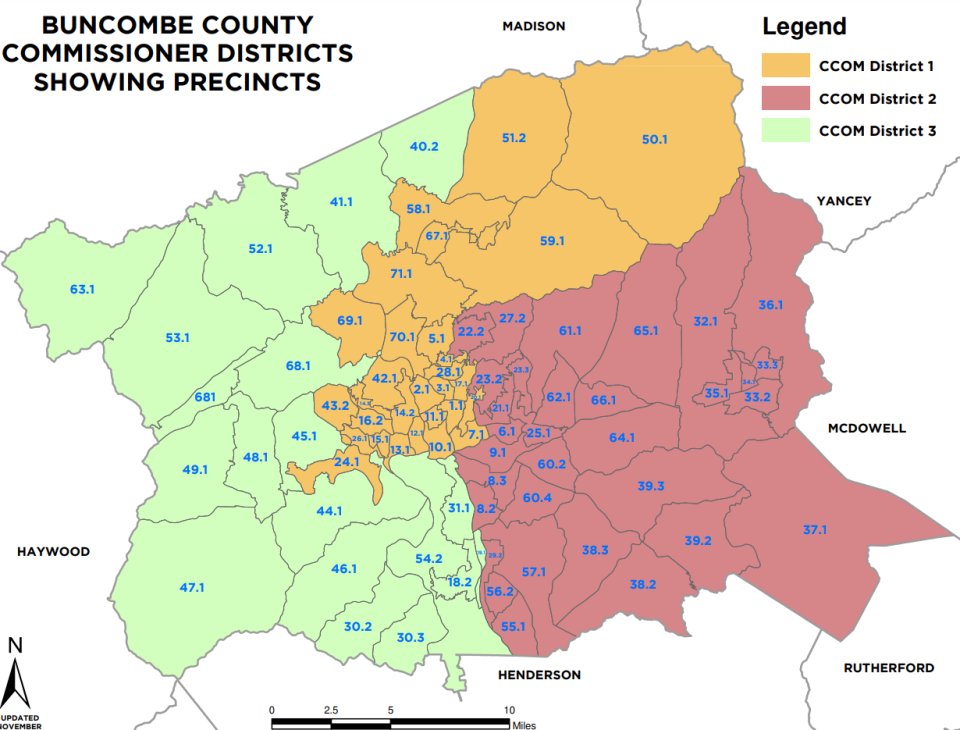 A now-altered map shows Buncombe County's current legislative districts as they existed in 2021.