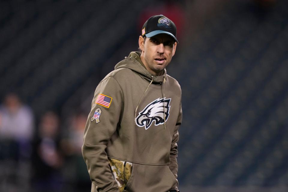 Philadelphia Eagles' Shane Steichen watches warm-ups before a 2022 game in Philadelphia.