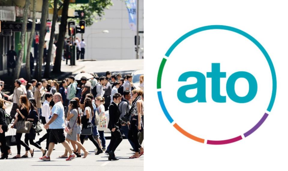 Compilation image of crowd of people crossing the street and ATO tax logo to signify family trusts