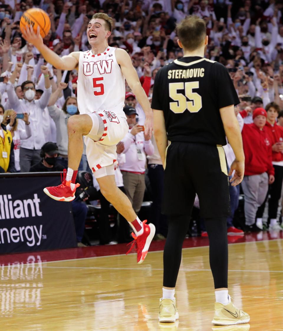 Wisconsin forward Tyler Wahl reacts as the buzzer sounds on March 1 at the Kohl Center in Madison. Wisconsin beat Purdue, 70-67.
