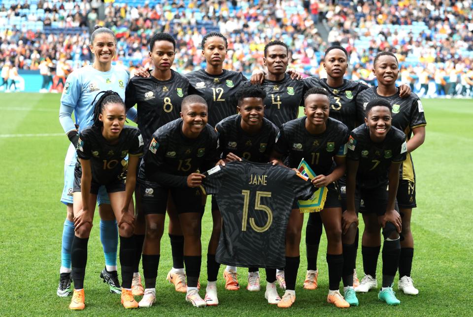 Starting players of South Africa line up prior to the round of 16 match between the Netherlands and South Africa at the 2023 FIFA Women's World Cup in Sydney, Australia, Aug. 6, 2023. (Photo by Zhang Chen/Xinhua via Getty Images)