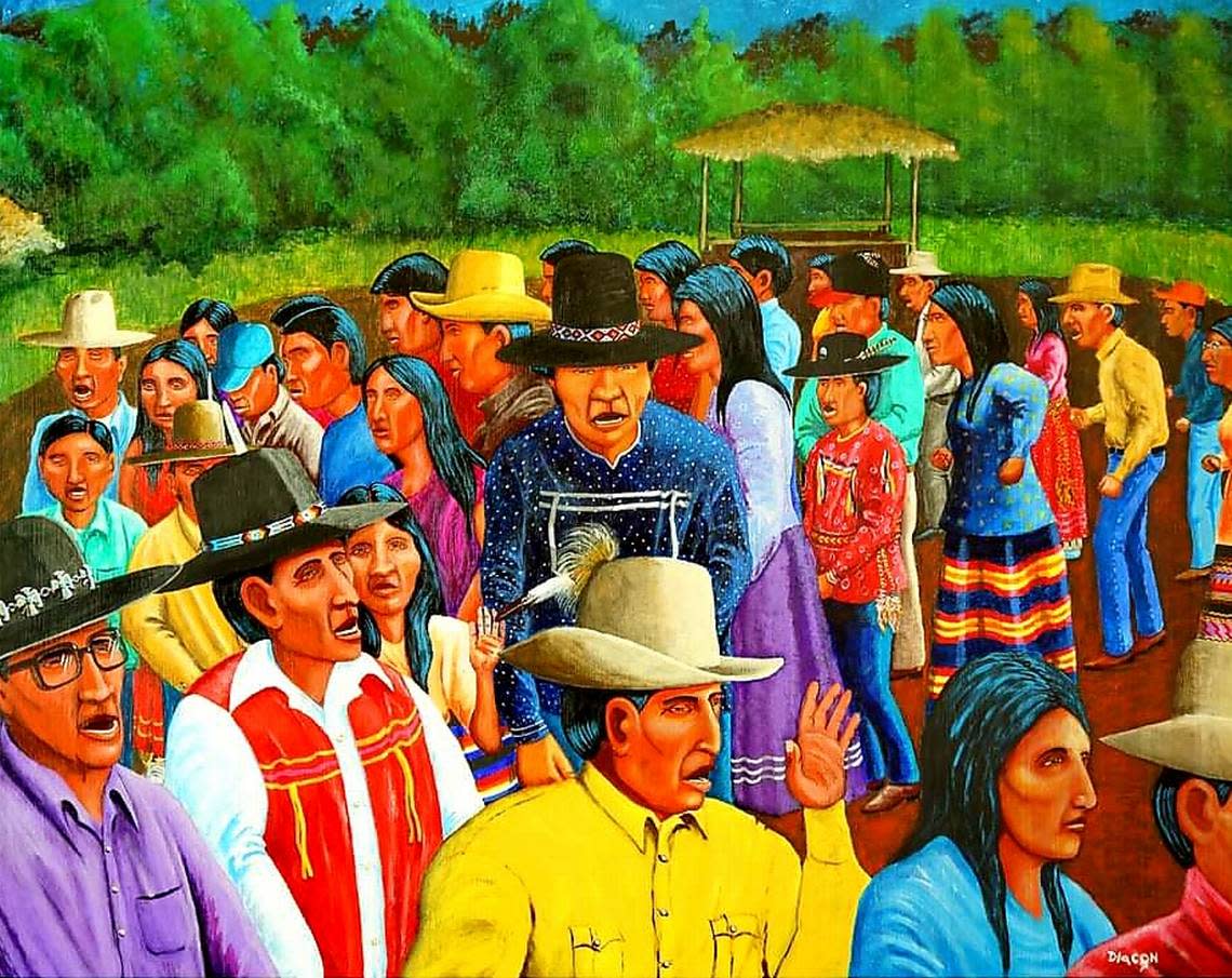 Muscogee (Creek) artist Johnnie Diacon’s work depicts the contemporary and historic life of the people of the Muscogee (Creek) Nation. He and his art will be at Saturday and Sunday’s Ocmulgee Mounds National Historical Park Indigenous Celebration.