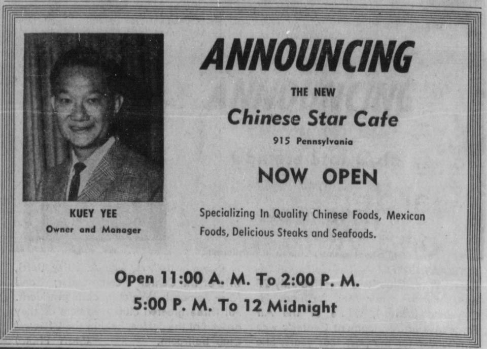 An announcement from July 31, 1966, for the Chinese Star Cafe and owner Kuey Yee.