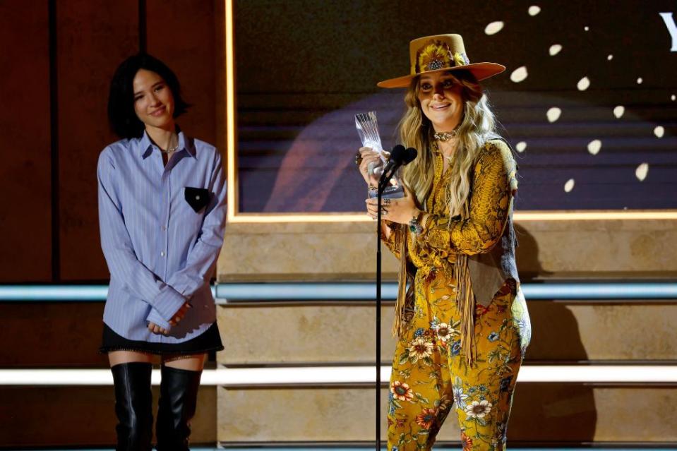 nashville, tennessee   october 12 in this photo released on october 14, 2022, kelsey asbille and lainey wilson speak onstage during the 2022 cmt artists of the year at schermerhorn symphony center on october 12, 2022 in nashville, tennessee photo by jason kempingetty images for cmt