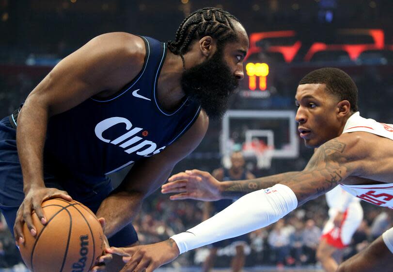 Los Angeles, CA - Clippers guard James Harden plays his isolation game against Rockets.