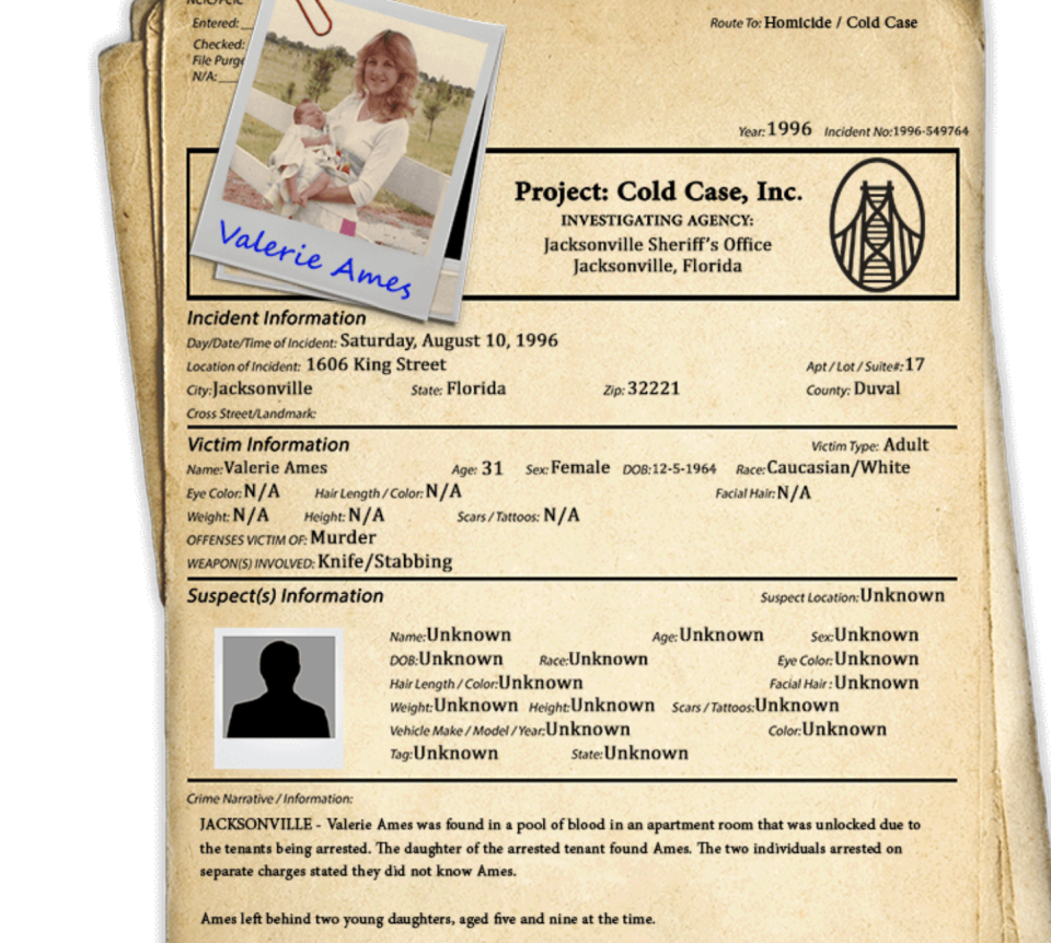 This is the 1996 the case file for Valerie Ames' slaying in Jacksonville that's featured on projectcoldcase.org that just led to an arrest.