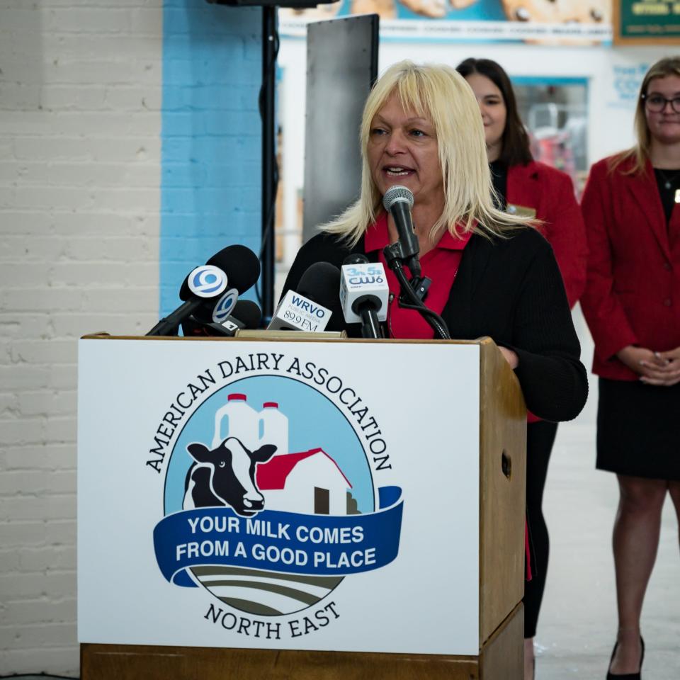 President of the American Dairy Association North East Audrey Donahoe of Clayville, NY, speaks before the unveiling of the Butter Sculpture at the New York State Fairgrounds in Syracuse, NY on Tuesday, August 22, 2023.