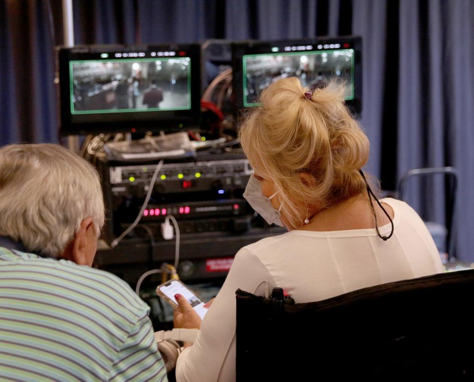 "Miranda's Victim" director Michelle Danner speaks with producer and writer George Kolber on the set at the Count Basie Center for the Arts in Red Bank.