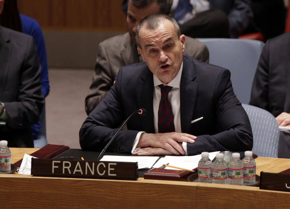 French Ambassador to the United Nations Gerard Araud addresses the United Nations Security Council, Friday, May 2, 2014. The U.N. Security Council is meeting in emergency session on Ukraine after Russia called for a public meeting on the growing crisis there. (AP Photo/Richard Drew)