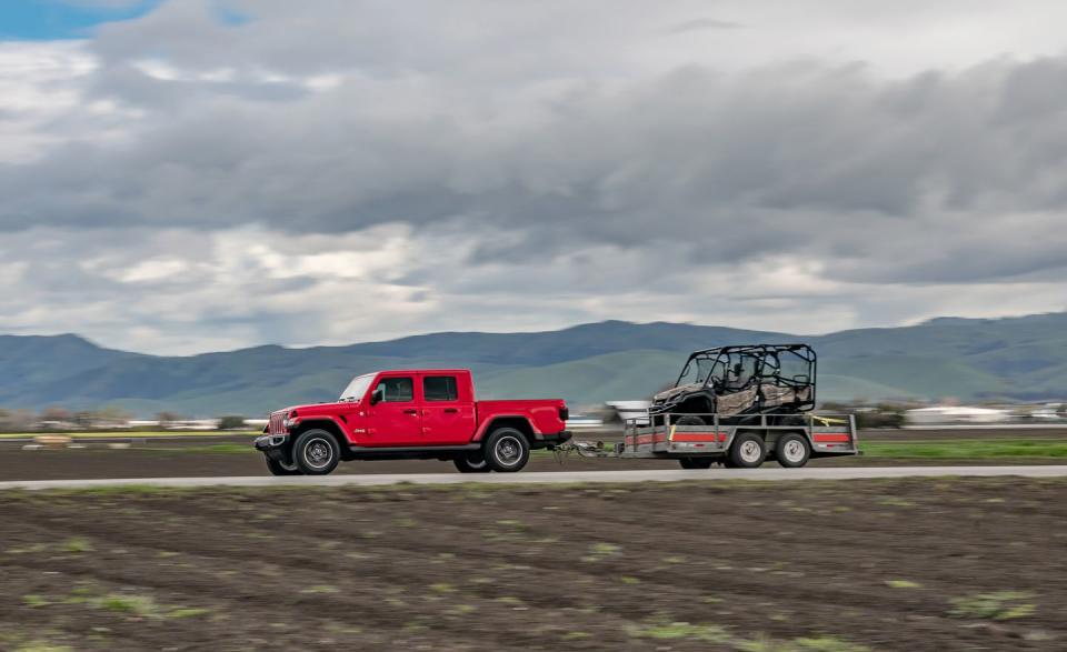 <p>We so badly wanted to let this puppy play that we had to jump it. Surprisingly, that was the Wrangler pickup's best showing off-road. With the Overland trim's Bridgestone Dueler H/T 685 pavement-biased tires and at least nine more inches of wheelbase than any other competitor here, the Jeep was even less comfortable on Hollister Hills' slippery trails than the Honda, which senior editor Tony Quiroga dubbed a "dachshund."</p>