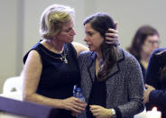 Pilar Nores, wife of Peru's former President Alan Garcia, and their daughter Gabriela attend the wake of Garcia after he fatally shot himself on Wednesday, in Lima, Peru April 18, 2019. REUTERS/Guadalupe Pardo