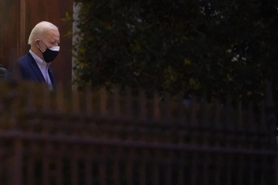 President Joe Biden departs after attending Mass at Holy Trinity Catholic Church, Saturday, Feb. 20, 2021, in the Georgetown neighborhood of Washington. (AP Photo/Patrick Semansky)