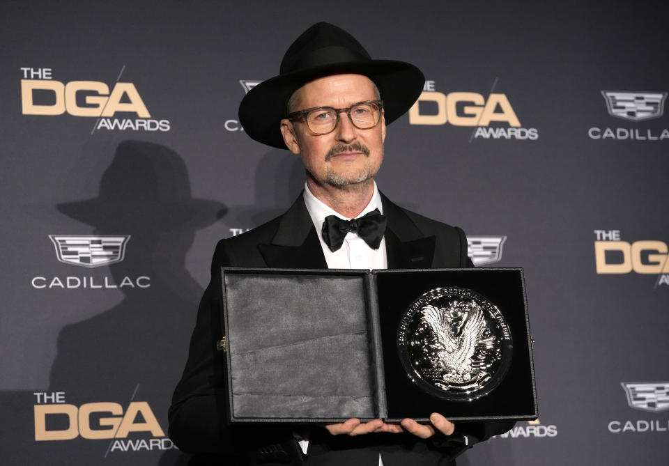 Todd Field, a nominee for the award for outstanding directorial achievement in a theatrical feature film for "Tar," poses in the press room at the 75th annual Directors Guild of America Awards on Saturday, Feb. 18, 2023, at the Beverly Hilton hotel in Beverly Hills, Calif. (AP Photo/Chris Pizzello)