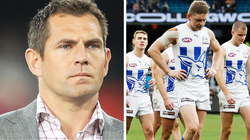 Luke Hodge is pictured on the left, with the North Melbourne Kangaroos pictured walking off the field on the right.