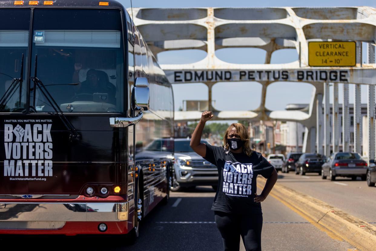 Black Voters Matter co-founder LaTosha Brown stands on the Edmund Pettus Bridge in Selma, Alabama, nearly 60 years after critical voting rights marches. (AP)