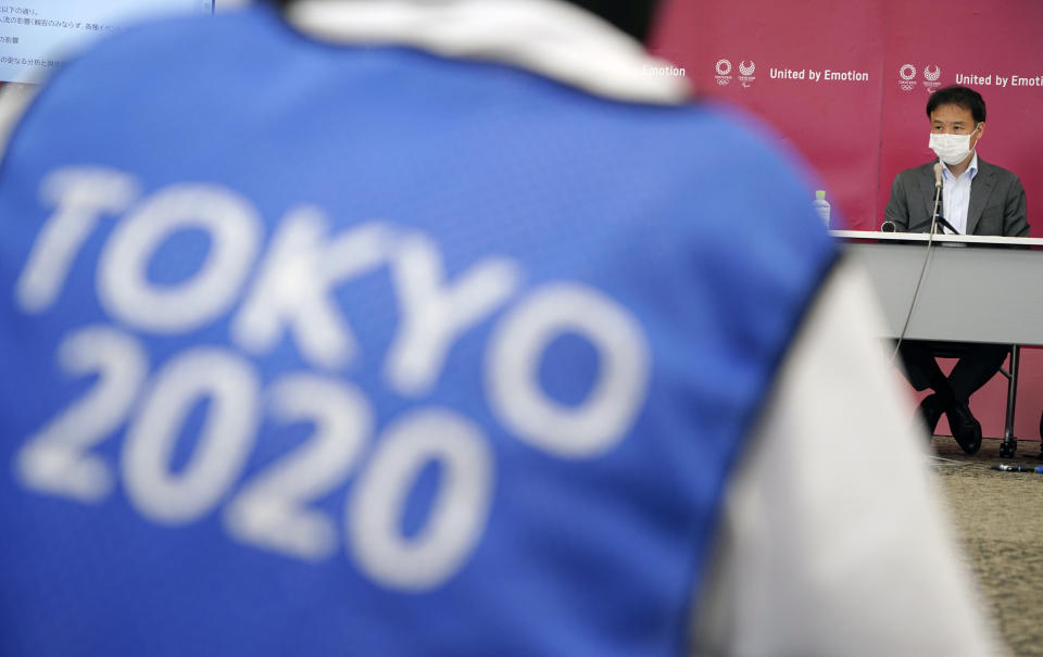 Center for Emergency Preparedness and Response (CEPR) director Tomoya Saito attends a press conference after a roundtable on COVID-19 countermeasures at Tokyo 2020 Games in Tokyo Friday, May 28, 2021. A group of experts participated in a second roundtable on COVID-19 countermeasures proposed for implementation at the Olympic and Paralympic Village. (Franck Robichon/Pool Photo via AP)