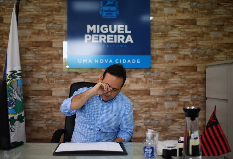 Mayor of Miguel Pereira, Andre Portugues, reacts during an interview with Reuters after the 63-year-old maid Leonice Goncalves, that lived in the city, was infect with coronavirus by her boss, according to state and local officials