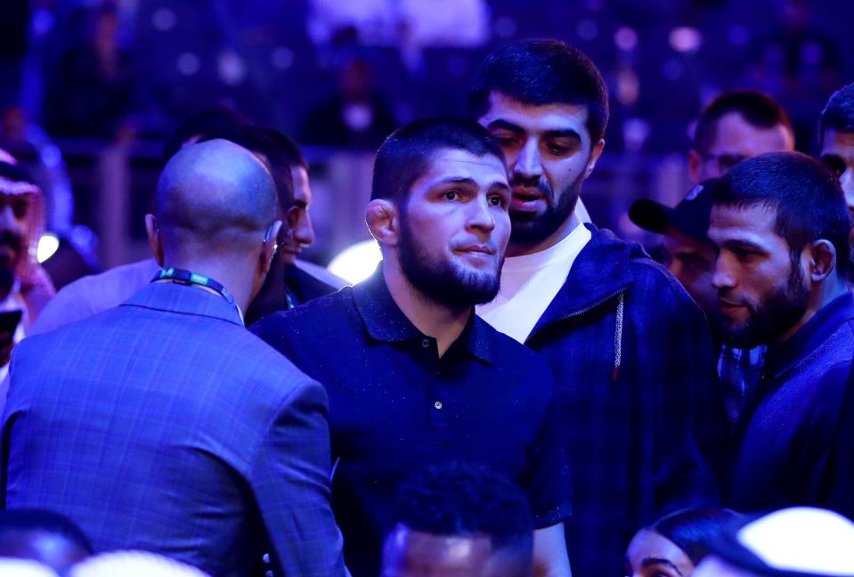 UFC fighter Khabib Nurmagomedov is seen ringside during the of the WBC World Heavyweight Eliminator fight between Alexander Povetkin and Michael Hunter during the Matchroom Boxing 'Clash on the Dunes' show at the Diriyah Season on December 07, 2019 in Diriyah, Saudi Arabia.