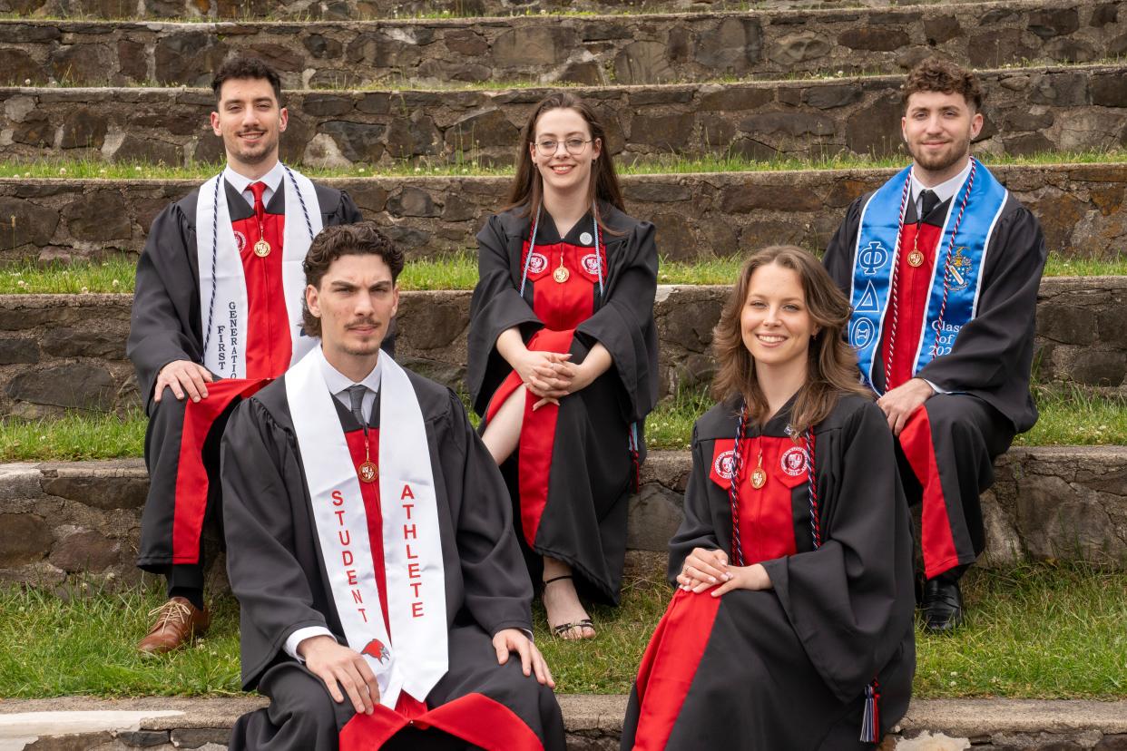 May 9, 2024; Montclair, NJ, United States; Quintuplets (from left, top row) Marcus Povolo, Ashley Povolo, Ludovico Povolo, (from left, lower level) Michael Povolo and Victoria Povolo at Montclair State University.