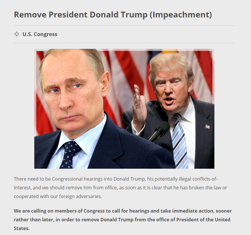 Screengrab from Americans Take Action wesbite, calling on Congress to impeach President Trump