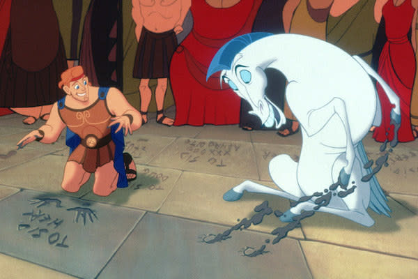 Hercules (voiced by Tate Donovan) putting his hands in cement with Pegasus.