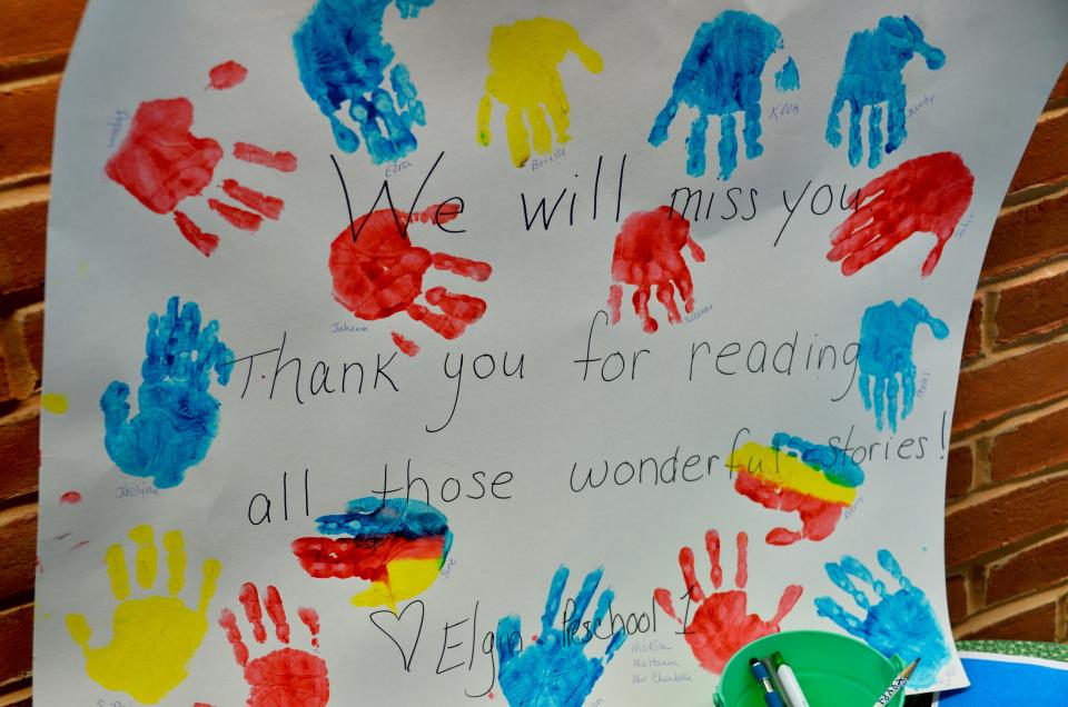 Poster board art from children in the Head Start program at Elgin Station in Hagerstown's West End, hangs on a wall by the children's department desks in the Washington County Free Library. The children signed their names and hand printed the board for retiring children's librarian Jeff Ridgeway, aka Mr. Jeff, who visits local Head Start groups to read to the children.