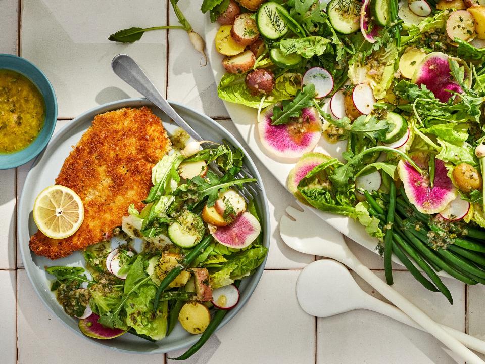 Chicken Cutlets with Spring Vegetable Salad and Herb Vinaigrette
