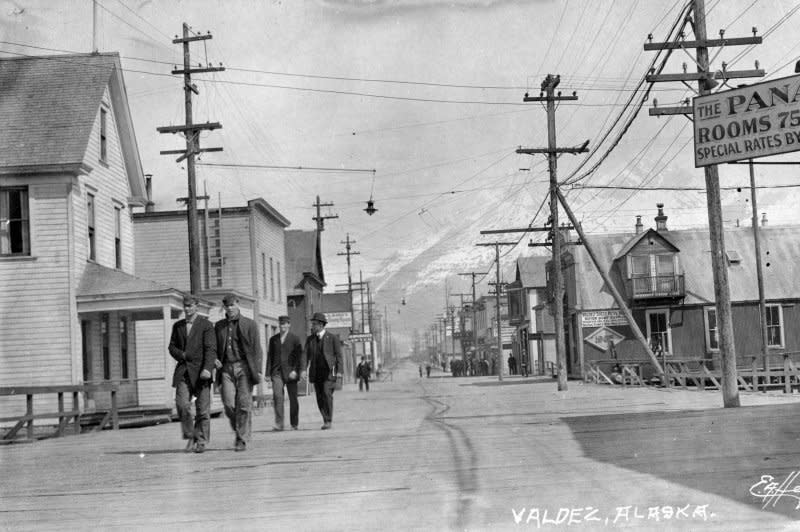 Men walk down the streets of Valdez, Alaska, ca. 1908. On October 18, 1867, the United States completed its purchase of Alaska for $7.2 million, taking possession of the territory from Russia. File Photo by Library of Congress/UPI