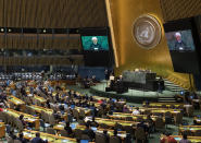 Iran's President Hassan Rouhani addresses the 74th session of the United Nations General Assembly, Wednesday, Sept. 25, 2019. (AP Photo/Craig Ruttle)