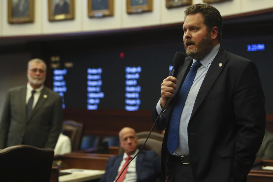 CORRECTS BILL TALLY TO 27-12, NOT 17-12 - State Sen. Jonathan Martin, R-Fort Myers closes on his Senate Bill 4B - Statewide Prosecutor, Wednesday, Feb. 8, 2023 at the Capitol in Tallahassee, Fla. The bill passed the Senate 27-12. (AP Photo/Phil Sears)