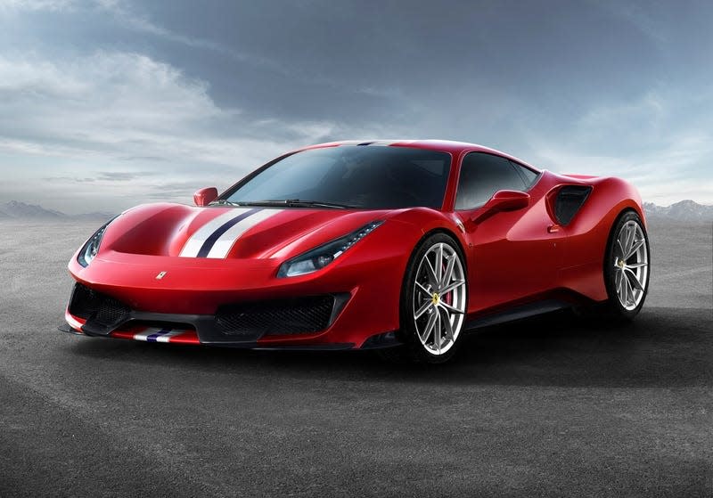 A press photo of a red Ferrari 488 