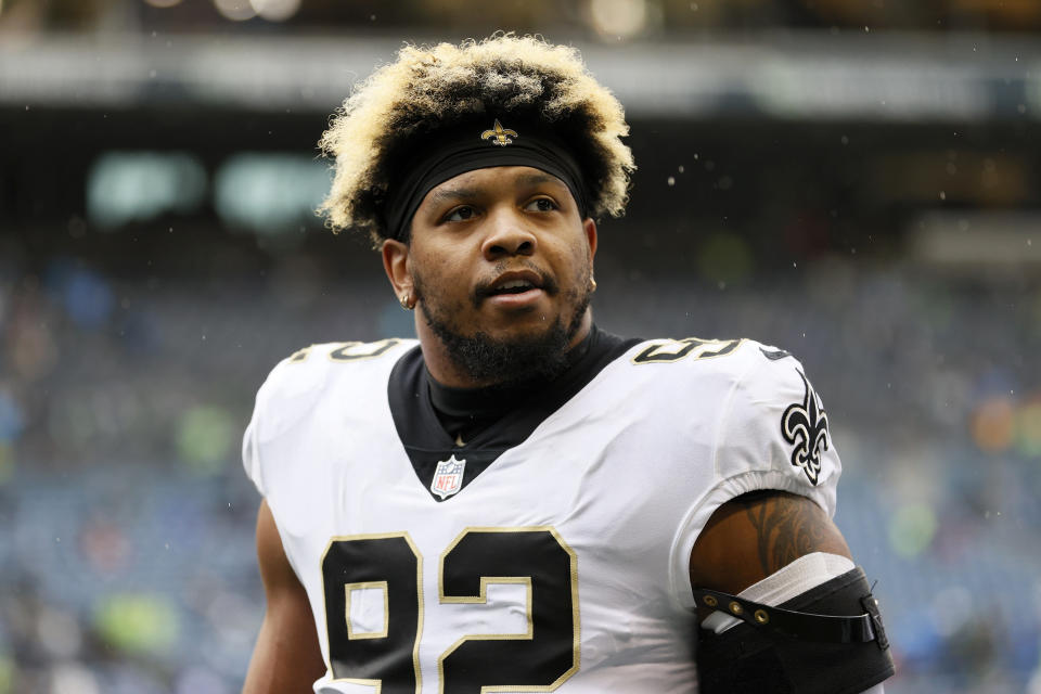 SEATTLE, WASHINGTON - OCTOBER 25: Marcus Davenport #92 of the New Orleans Saints looks on before the game against the Seattle Seahawks at Lumen Field on October 25, 2021 in Seattle, Washington. (Photo by Steph Chambers/Getty Images)