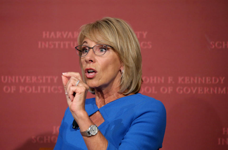 U.S. Education Secretary Betsy DeVos speaks at Harvard University's Kennedy School of Government in Cambridge, Massachusetts, U.S., September 28, 2017.     REUTERS/Mary Schwalm