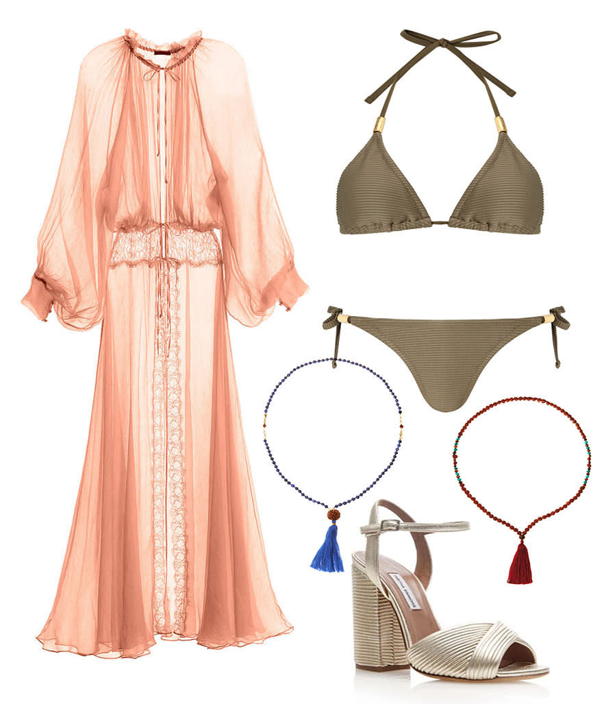 A triangle bikini and glamorous, sheer robe perfectly channel James Bond’s would-be assassin.